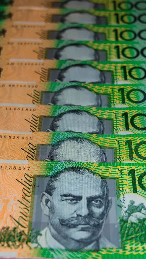 Australian dollar banknotes spread out
