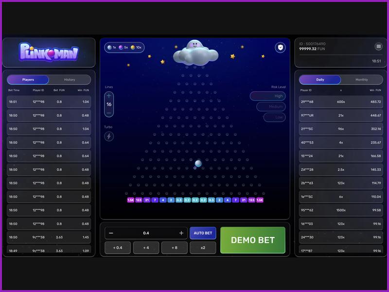 Plinkoman demo with a 16-line board, risk buttons, Lines control and Demo Bet button