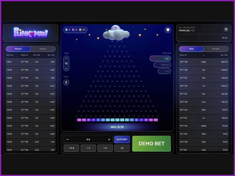 Plinkoman demo showing Win 0.12 above a stake of 0.4 FUN