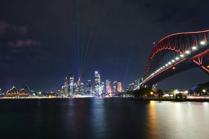 Sydney Harbour skyline at night for Plinko Australia guide