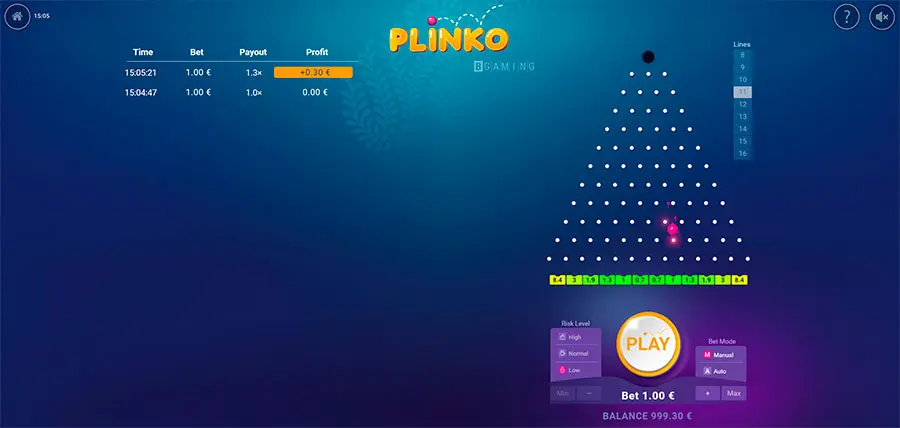 BGaming Plinko interface with Low risk selected, Manual mode and a displayed €1 bet.