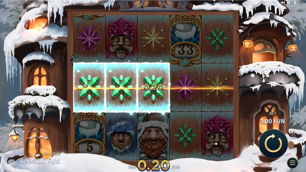 Pine of Plinko 2 reels showing a three-snowflake line win and numbered scatter symbols