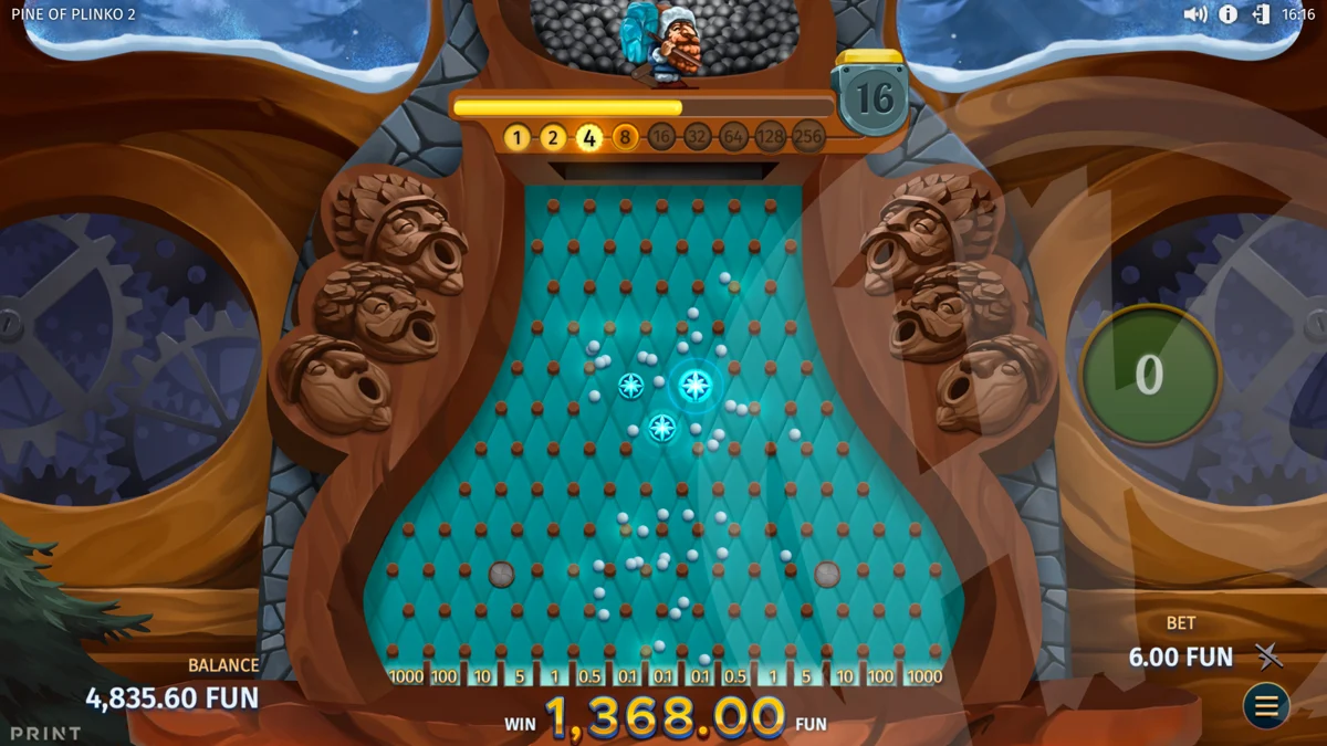 Pine of Plinko 2 bonus board with three illuminated bumpers, stage meter, prize pockets and two circular hatches