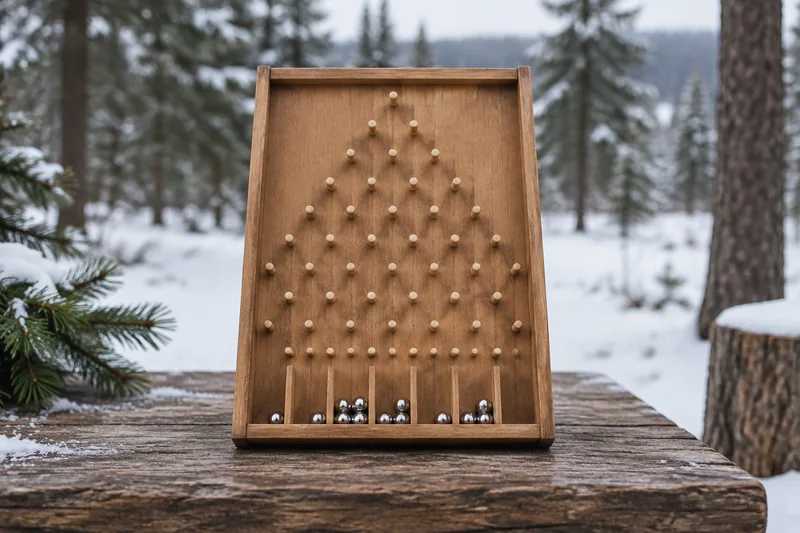 Wooden pegboard with rows of pegs and steel balls resting in the pockets at the bottom, set outdoors in a snowy pine forest