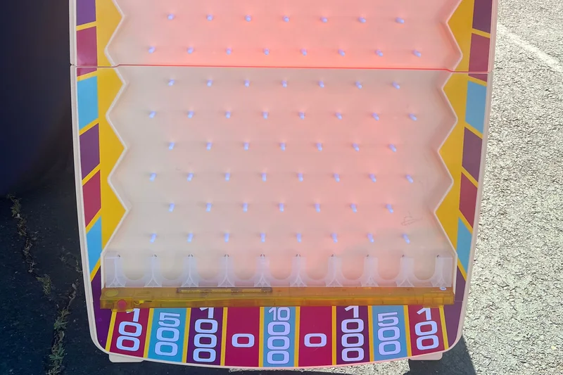 Home version of the Plinko board game: a field of pegs with numbered payout slots along the bottom edge