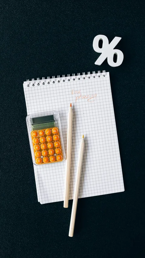 Calculator on notepad with pencils and percent symbol for Plinko bankroll guide