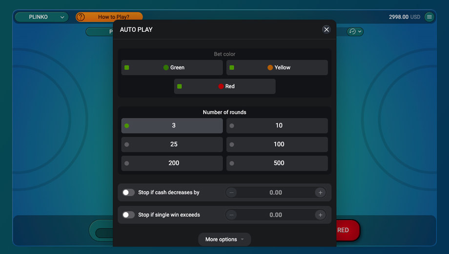 SPRIBE Auto Play panel with three rounds selected and both stop-condition switches turned off
